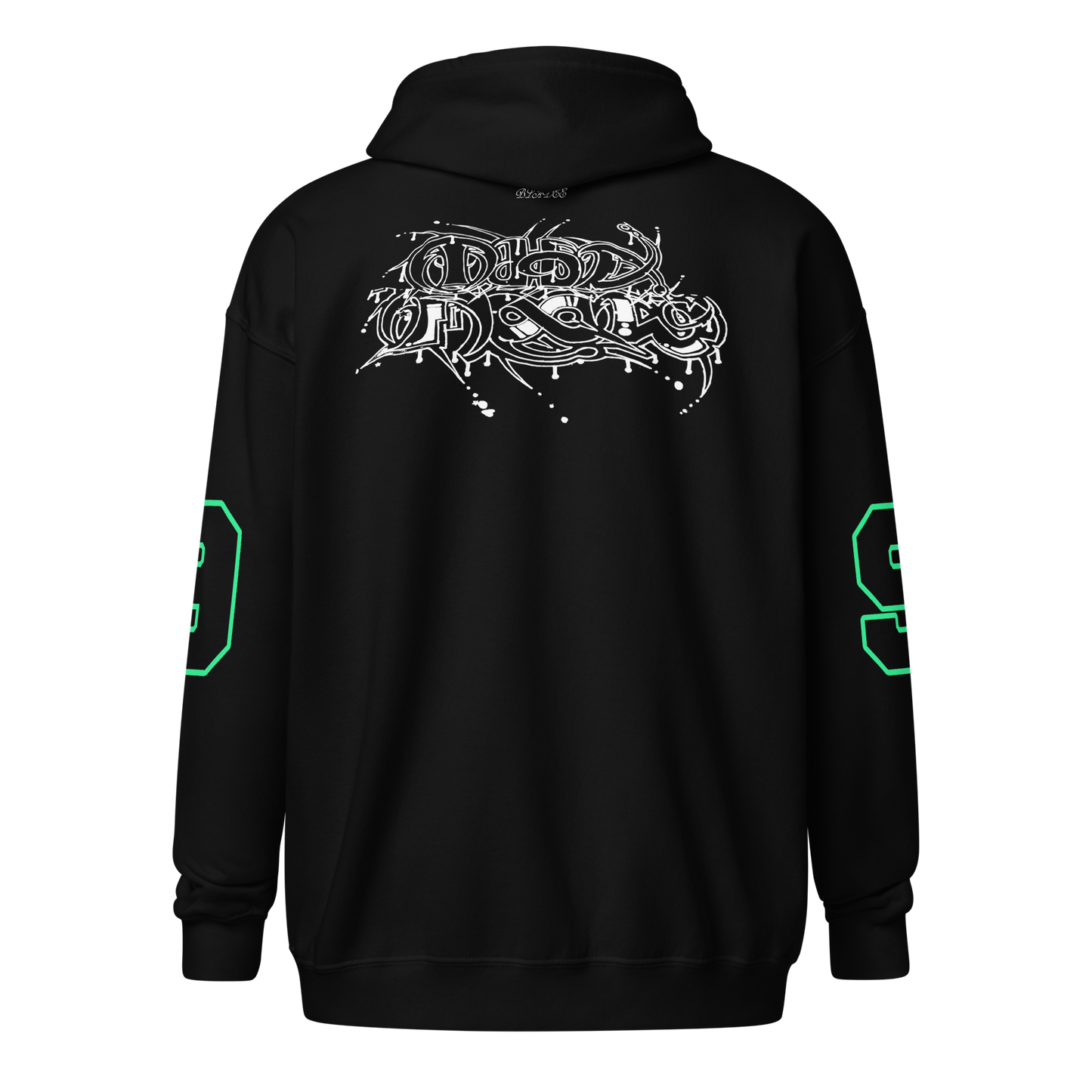 Back view of Bladee Green Lion black zip hoodie