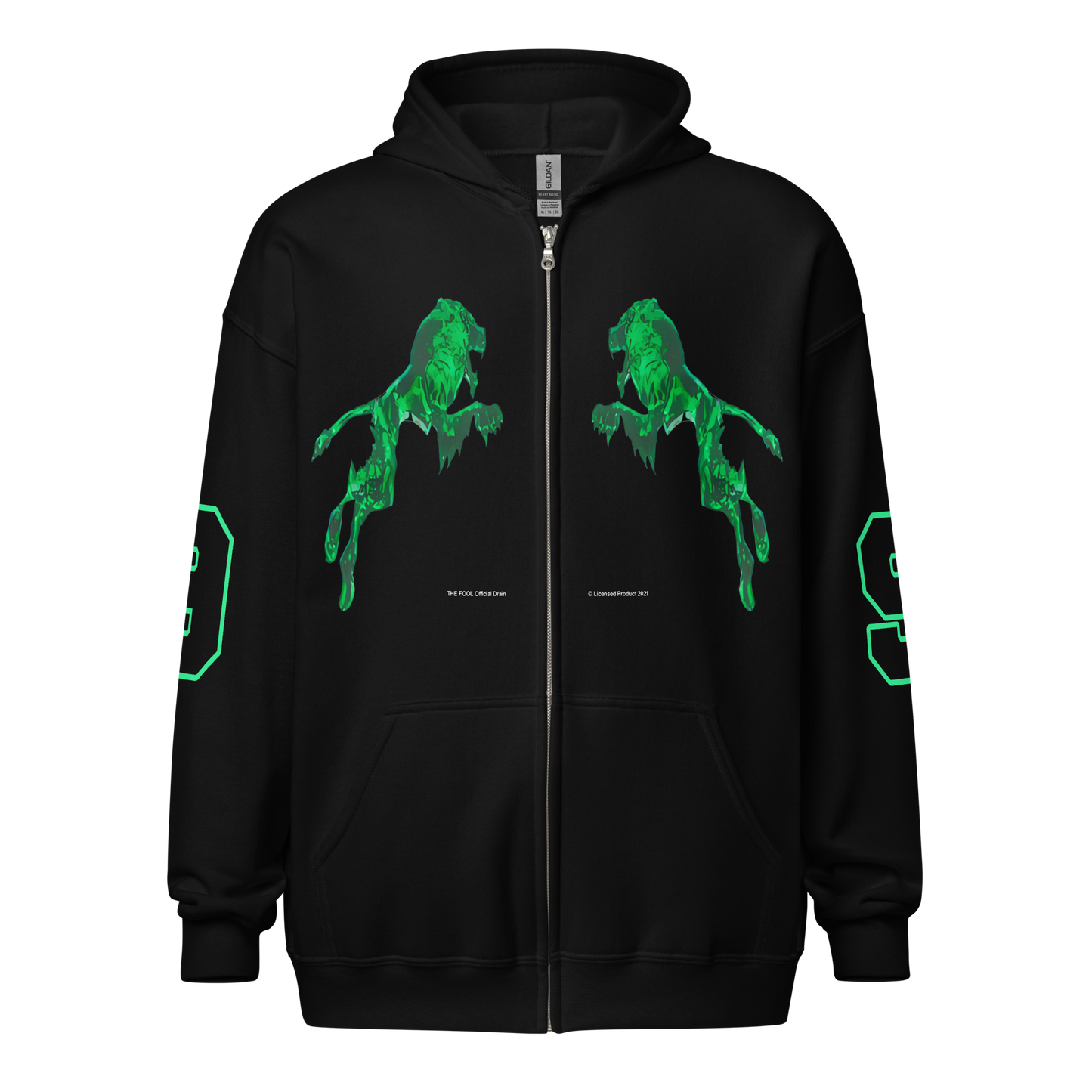 Front view of Bladee Green Lion black zip hoodie