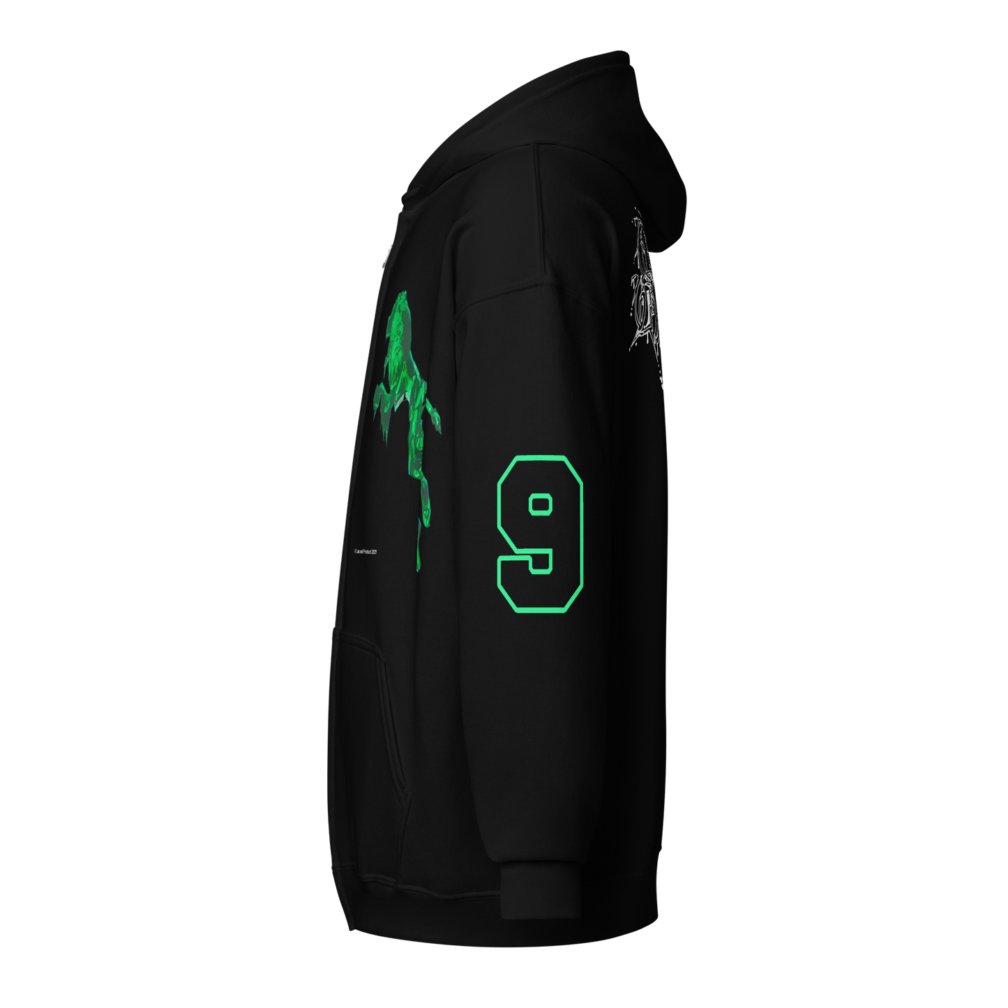Side view of Bladee Green Lion black zip hoodie