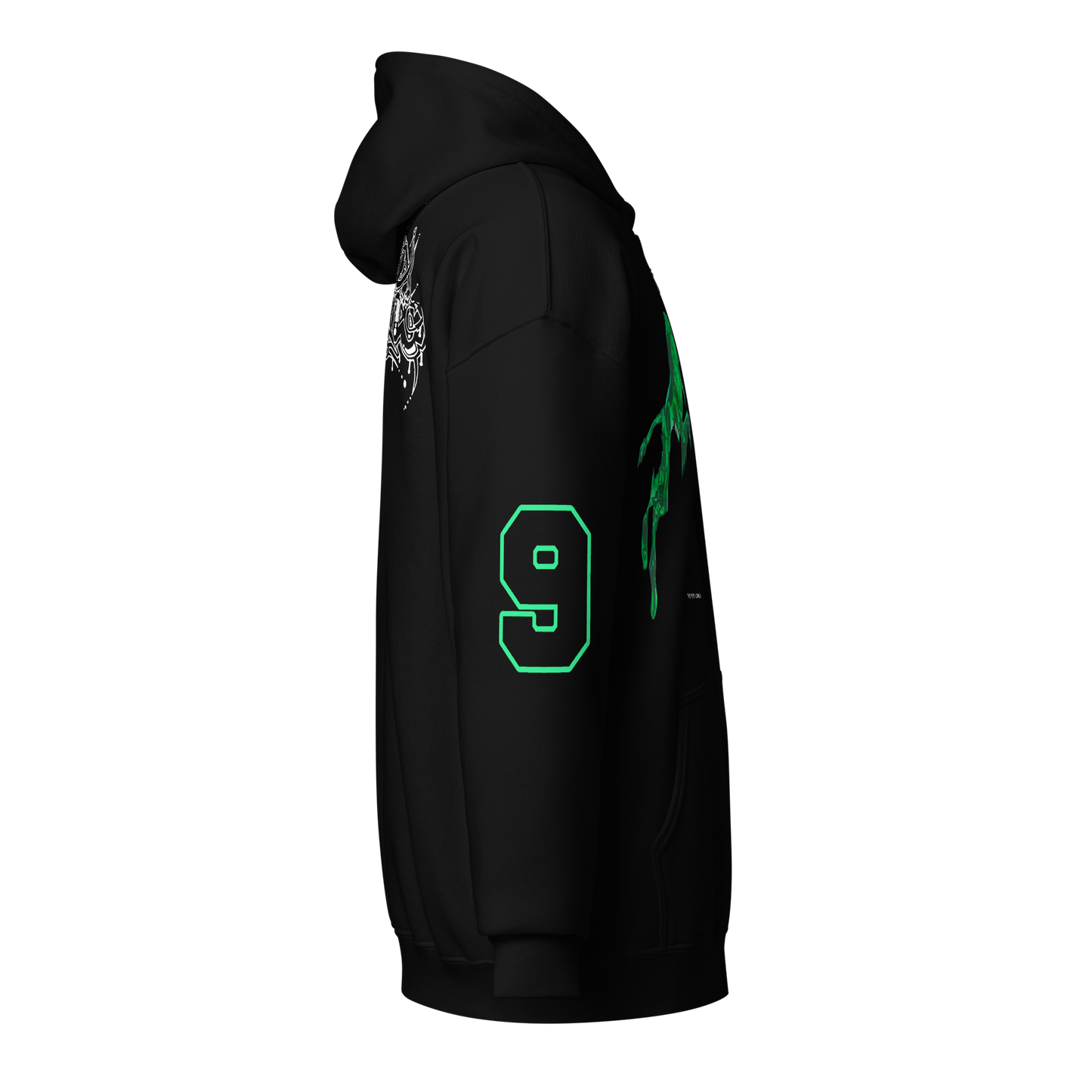 Side view of Bladee Green Lion black zip hoodie